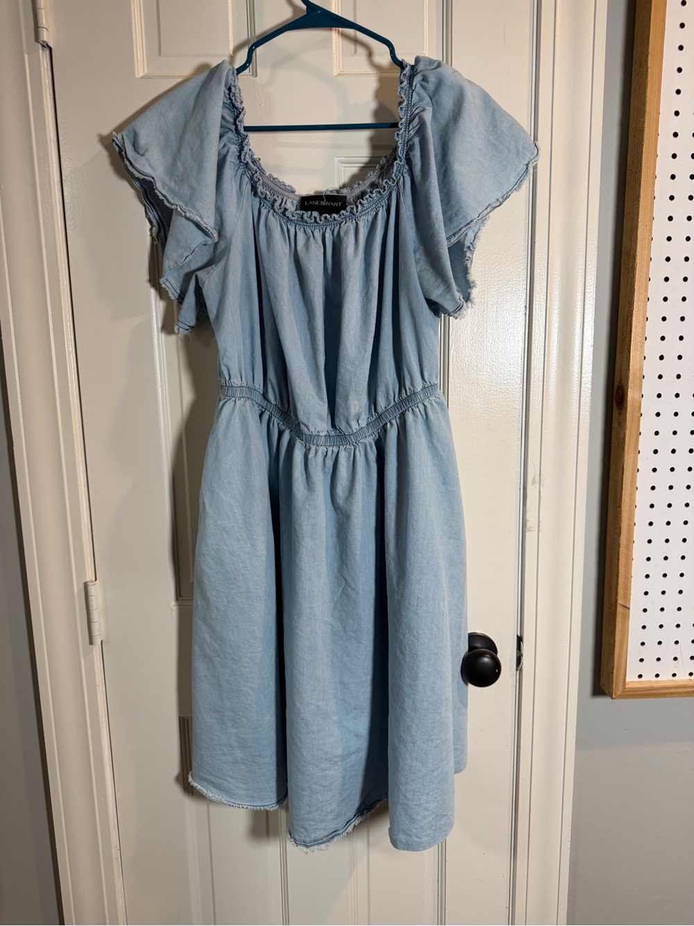 Lane Bryant Blue Denim Fit & Flare Dress Scoop Neck Flutter Sleeve Pockets 2XL